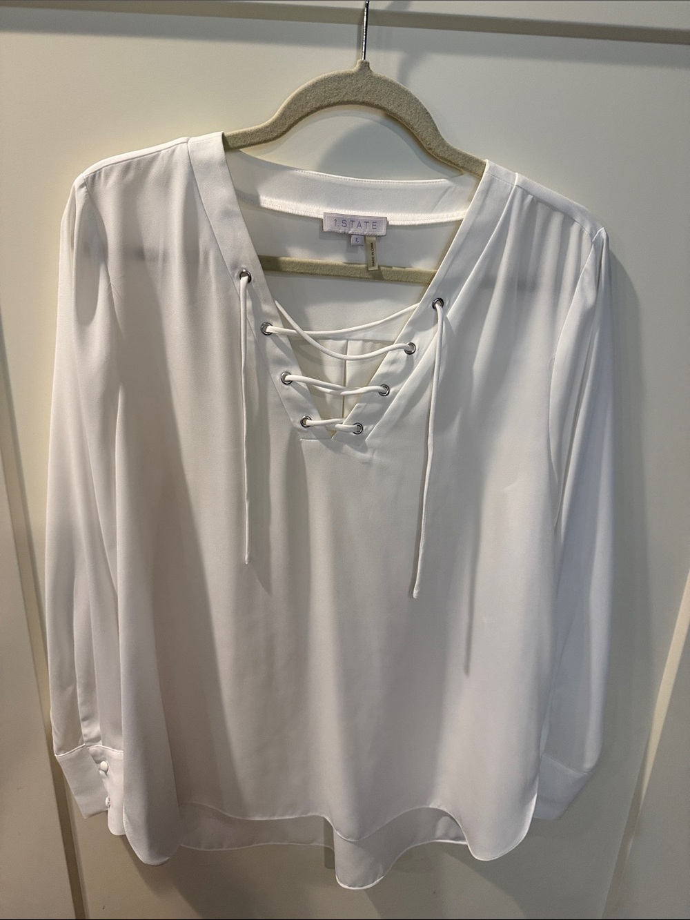 1. State White Lace-Up V-Neck Long Sleeve Blouse